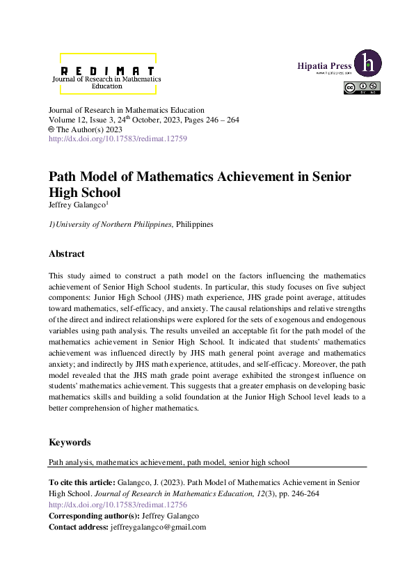 (PDF) Path Model of Mathematics Achievement in Senior High School