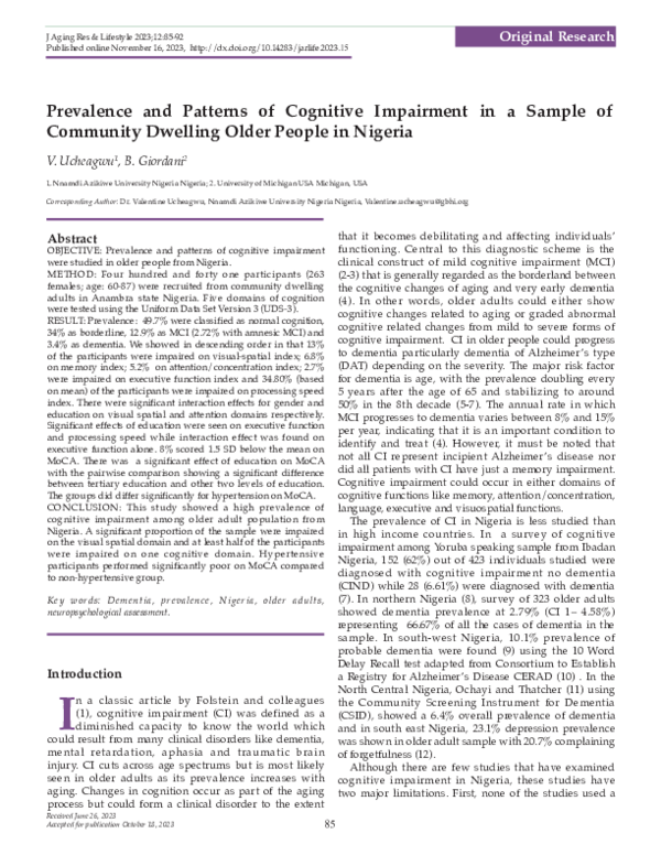 (PDF) Prevalence and Patterns of Cognitive Impairment in a Sample of ...