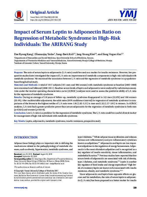 (PDF) Impact of Serum Leptin to Adiponectin Ratio on Regression of ...