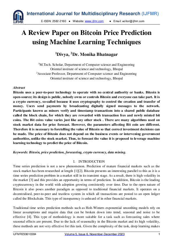 (PDF) A Review Paper on Bitcoin Price Prediction using Machine Learning ...