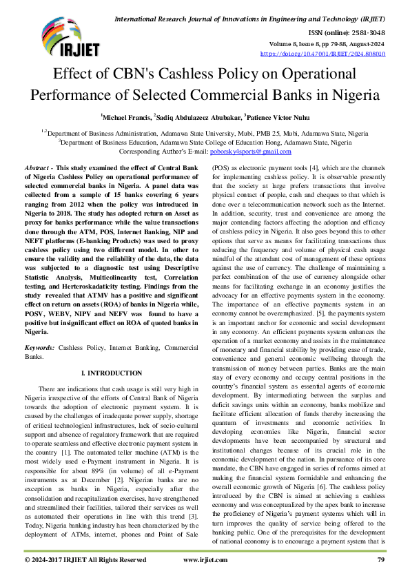 (PDF) Effect of CBN's Cashless Policy on Operational Performance of ...