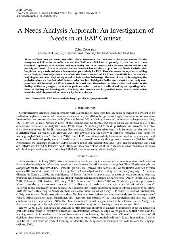 (PDF) A Needs Analysis Approach: An Investigation of Needs in an EAP ...