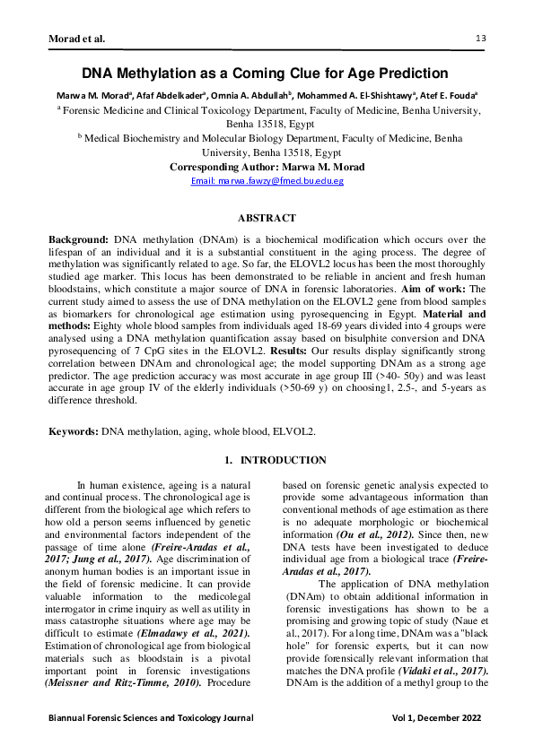 (PDF) DNA Methylation as a Coming Clue for Age Prediction