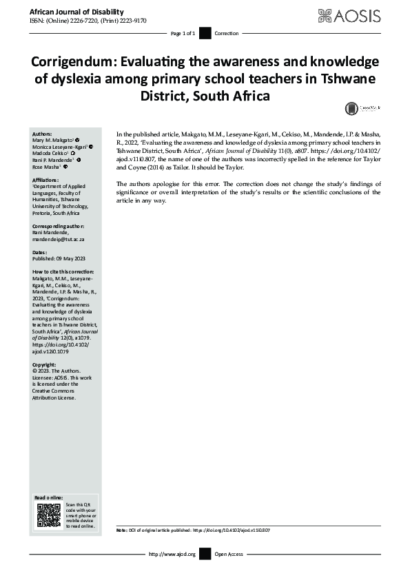(PDF) Corrigendum: Evaluating the awareness and knowledge of dyslexia ...