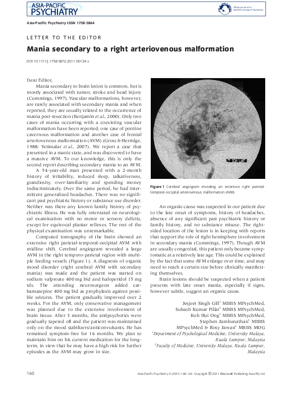 (PDF) Mania secondary to a right arteriovenous malformation
