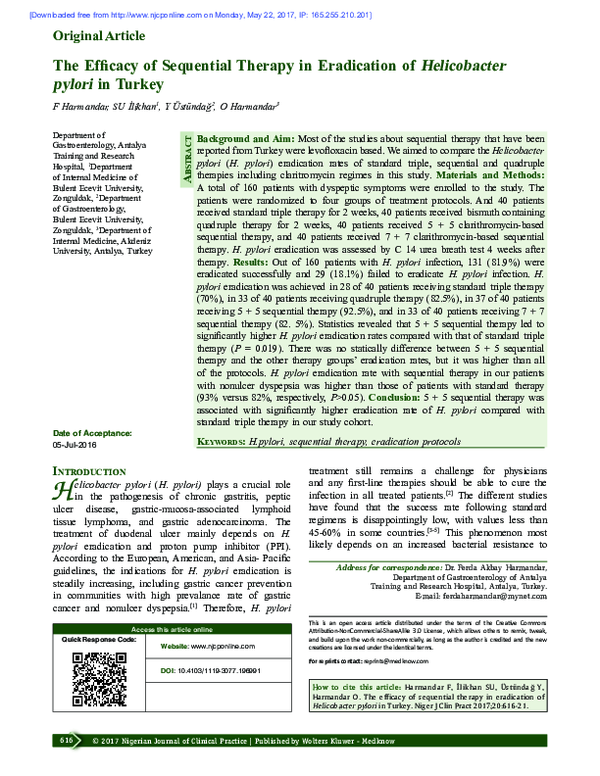 (PDF) The efficacy of sequential therapy in eradication of Helicobacter ...