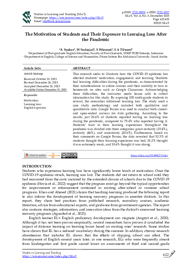 (PDF) The Motivation of Students and Their Exposure to Learning Loss ...
