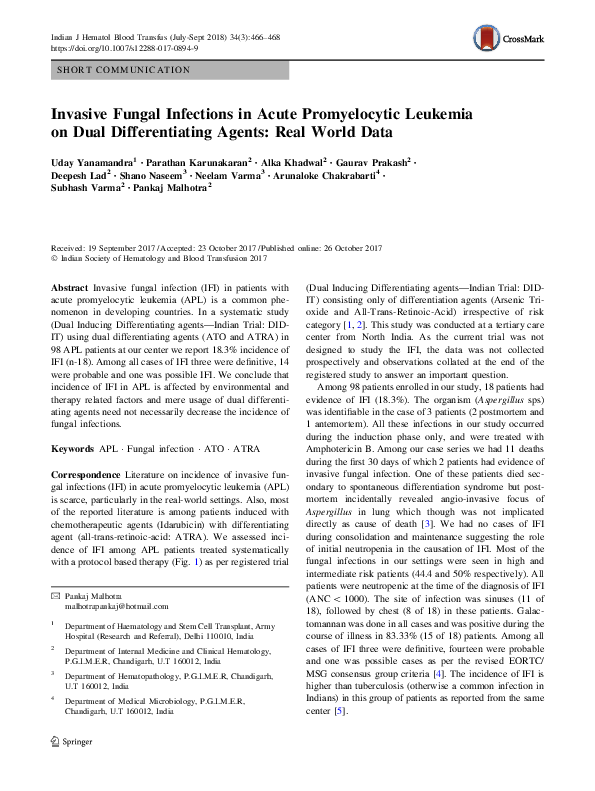 (PDF) Invasive Fungal Infections in Acute Promyelocytic Leukemia on ...