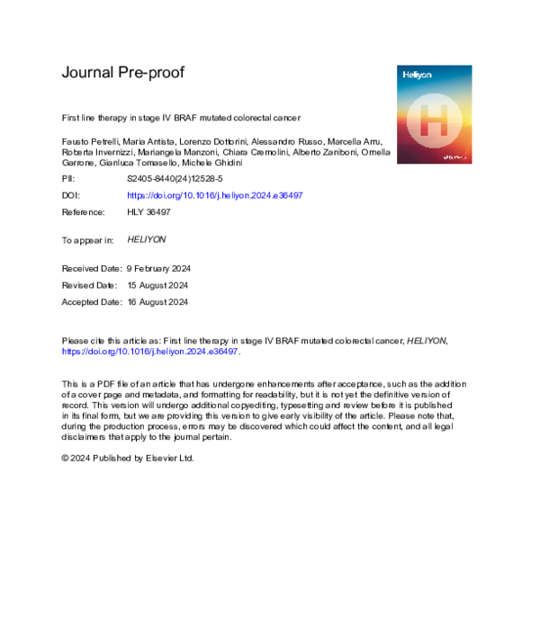 (PDF) First line therapy in stage IV BRAF mutated colorectal cancer