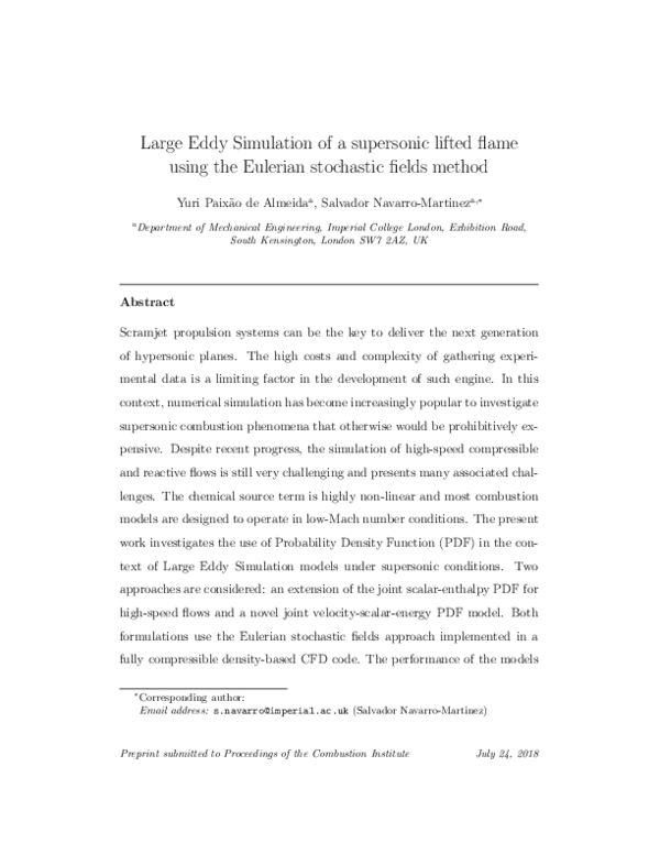 (PDF) Large Eddy Simulation of a supersonic lifted flame using the ...