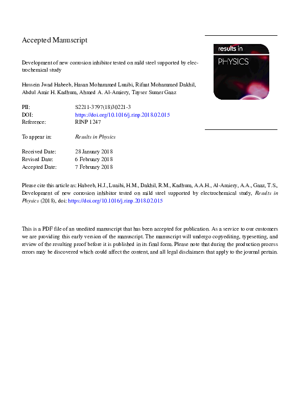 (PDF) Development of new corrosion inhibitor tested on mild steel ...
