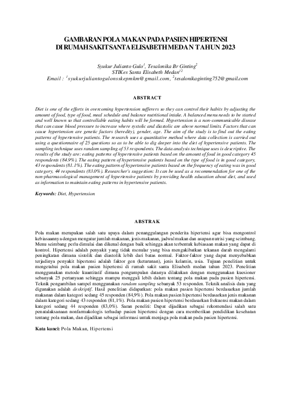 Pdf Gambaran Pola Makan Pada Pasien Hipertensi Di Rumah Sakit Santa