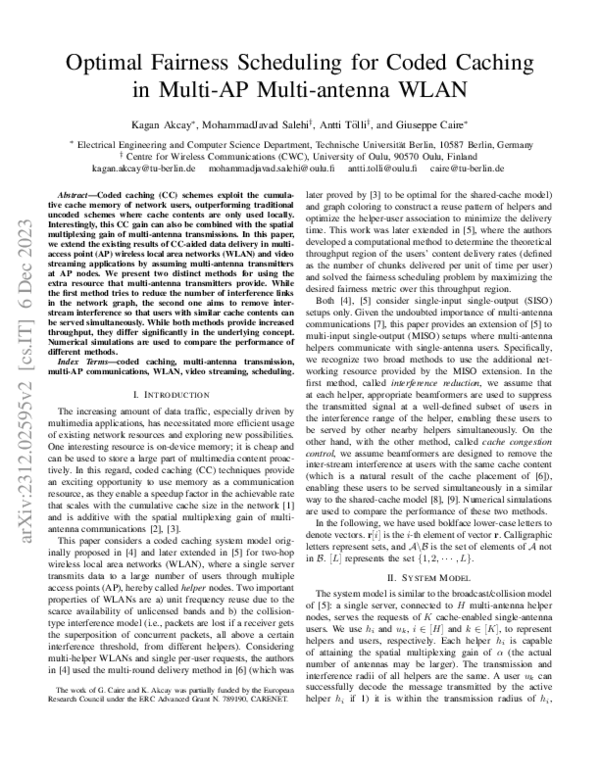 (PDF) Optimal Fairness Scheduling for Coded Caching in Multi-AP Multi ...