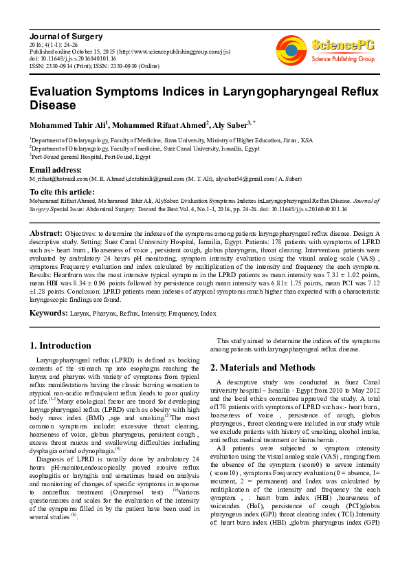 (PDF) Evaluation Symptoms Indices in Laryngopharyngeal Reflux Disease