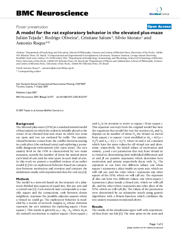 (PDF) A model for the rat exploratory behavior in the elevated plus ...