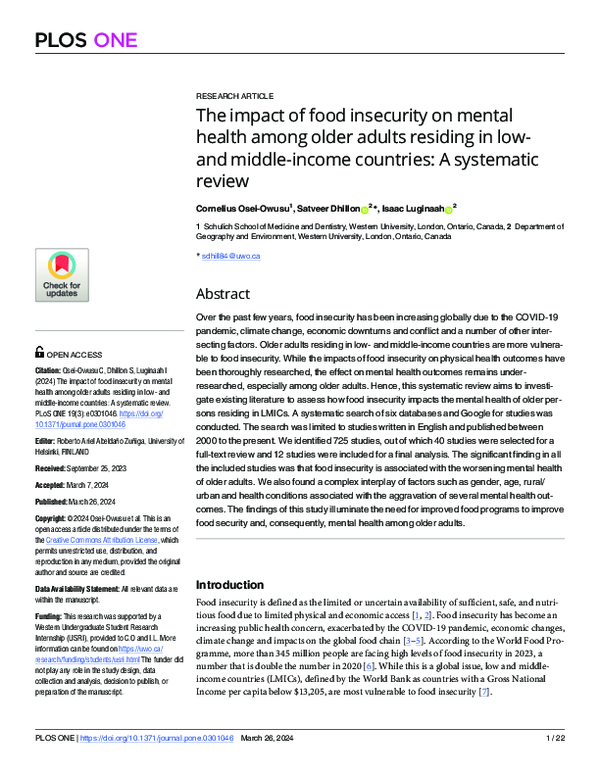 (PDF) The impact of food insecurity on mental health among older adults ...
