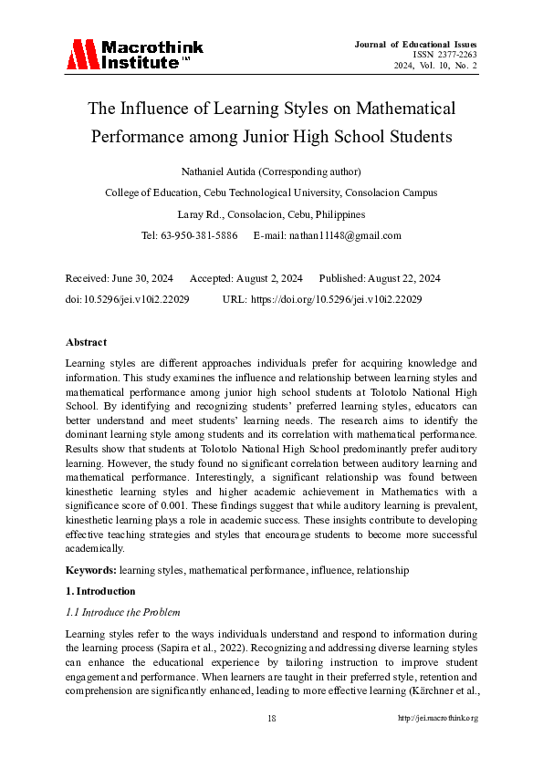 (PDF) The Influence of Learning Styles on Mathematical Performance ...