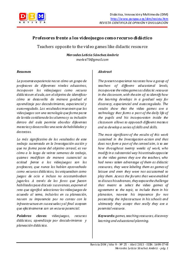 (PDF) Profesores frente a los videojuegos como recurso didáctico