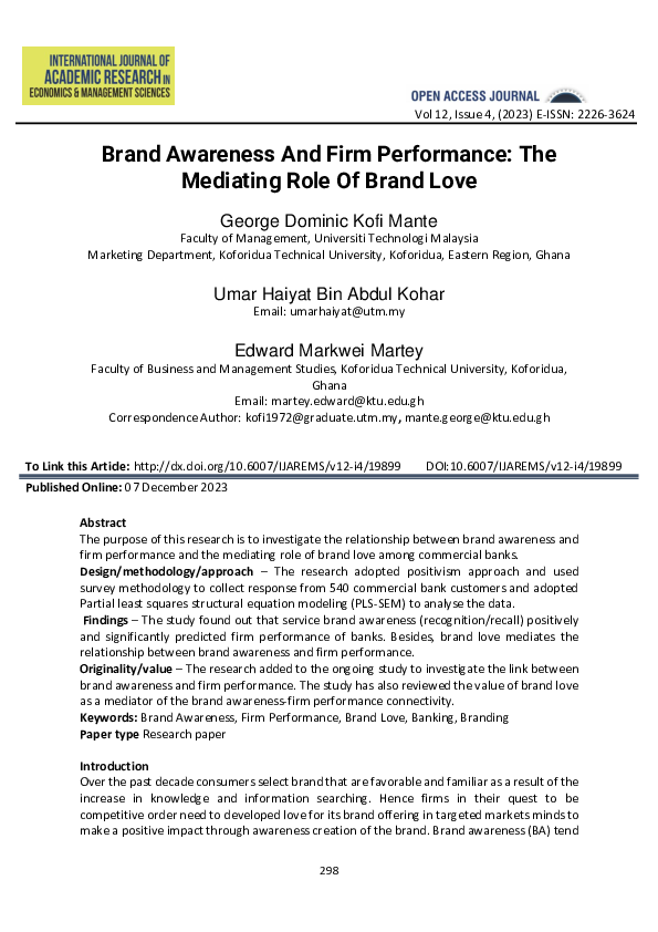 (PDF) Brand Awareness And Firm Performance: The Mediating Role Of Brand ...