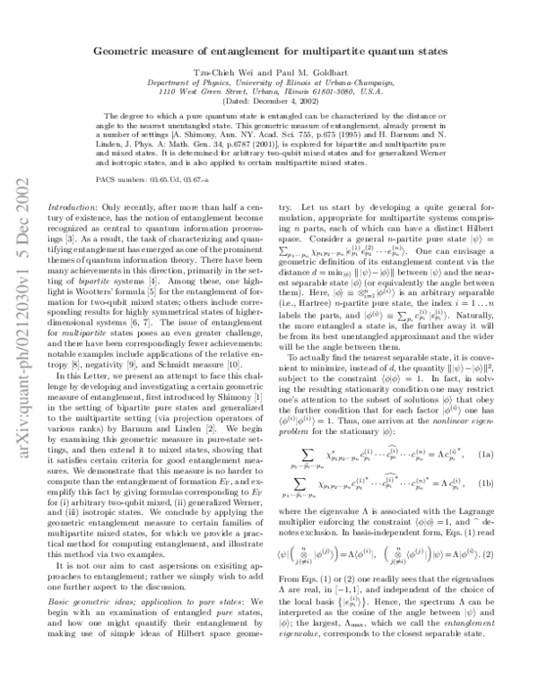 (PDF) Geometric measure of entanglement for multipartite quantum states