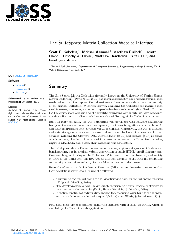 (PDF) The SuiteSparse Matrix Collection Website Interface
