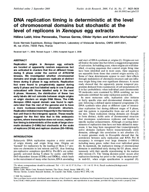 (PDF) DNA replication timing is deterministic at the level of ...