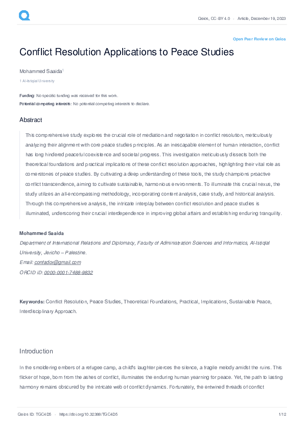(PDF) Conflict Resolution Applications to Peace Studies