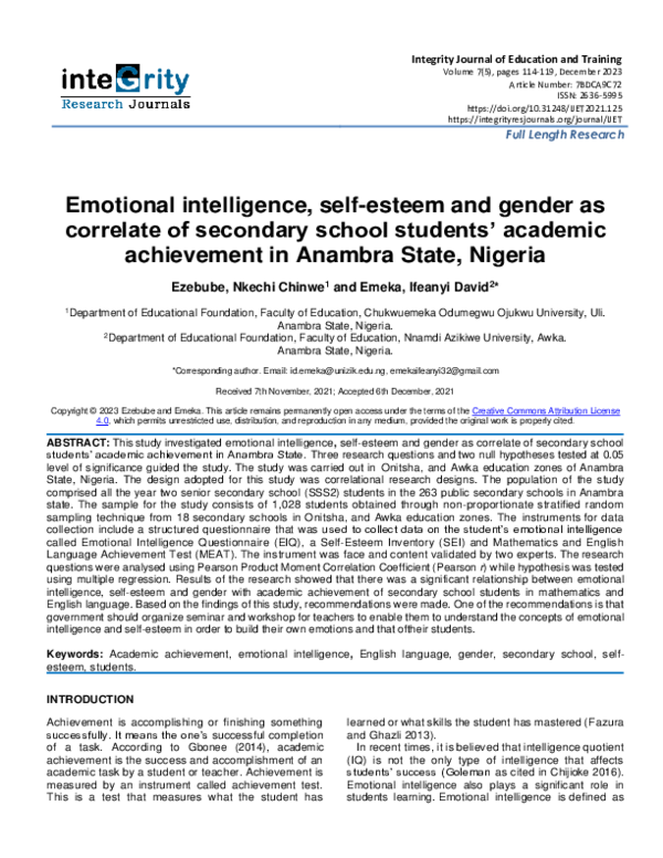 (PDF) Emotional intelligence, self-esteem and gender as correlate of ...