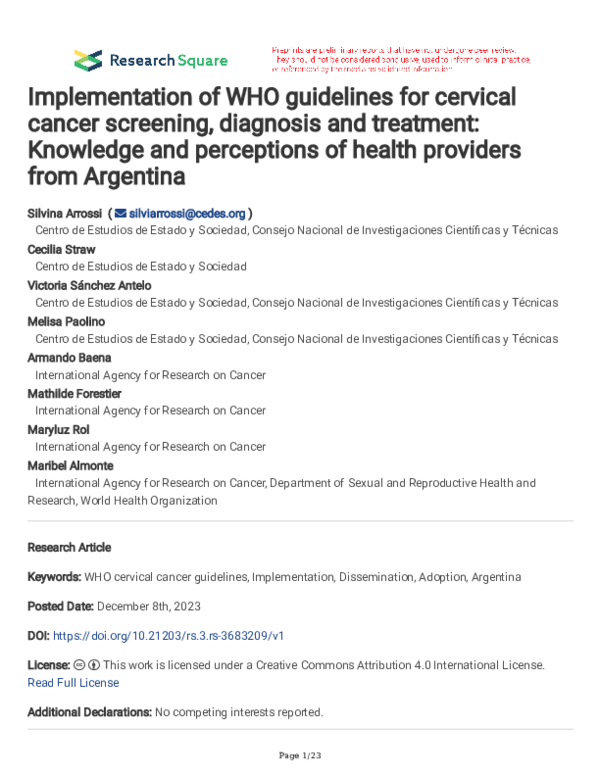 (PDF) Implementation of WHO guidelines for cervical cancer screening ...