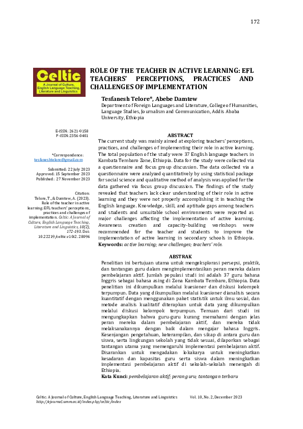 (PDF) Role of the Teacher in Active Learning: Efl Teachers’ Perceptions ...
