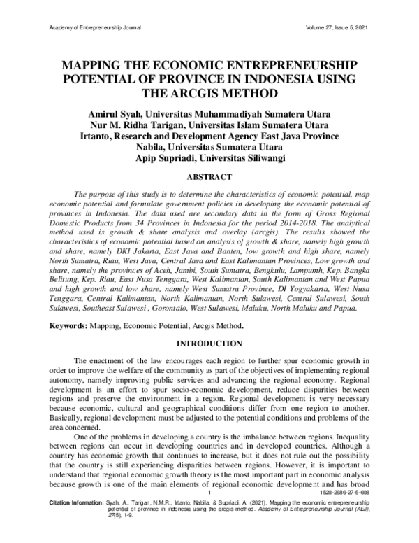 (PDF) Mapping the Economic Entrepreneurship Potential of Province in ...