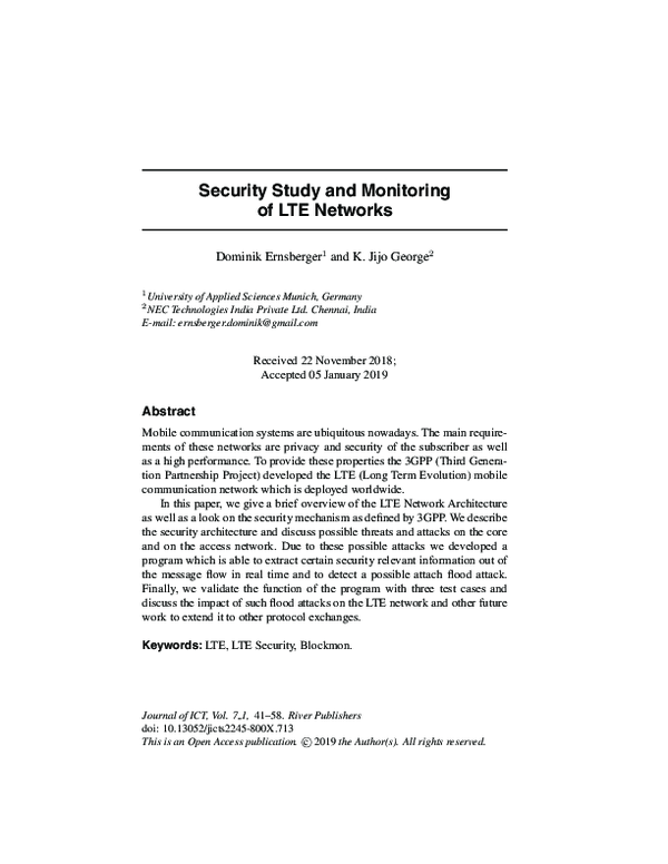 (PDF) Security Study and Monitoring of LTE Networks