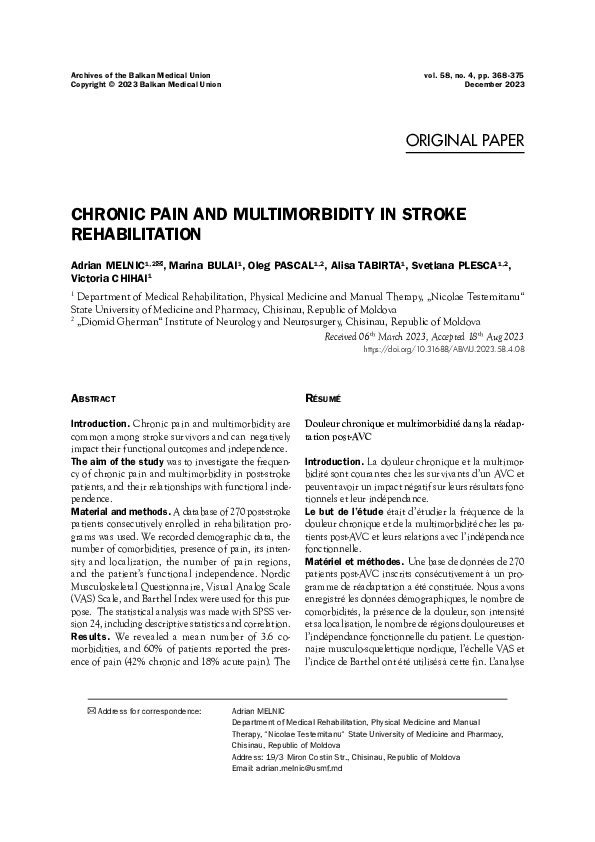 (PDF) Chronic Pain and Multimorbidity in Stroke Rehabilitation