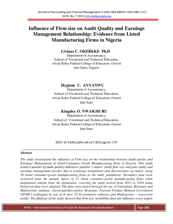 (PDF) Influence of Firm size on Audit Quality and Earnings Management ...