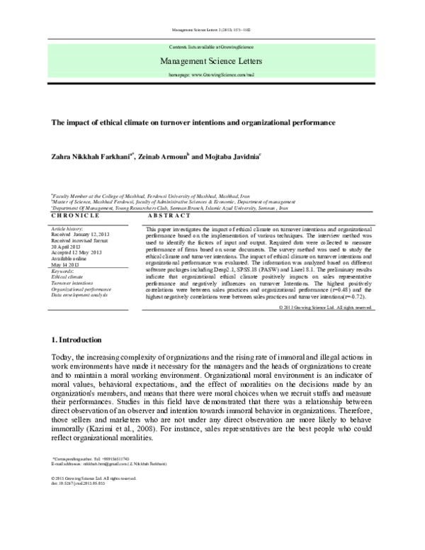 (PDF) The impact of ethical climate on turnover intentions and ...