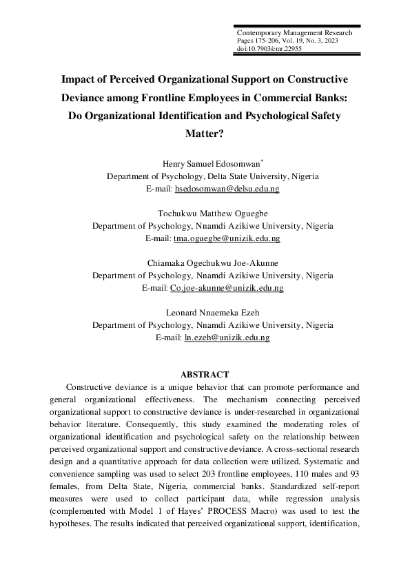 (PDF) Impact of Perceived Organizational Support on Constructive ...