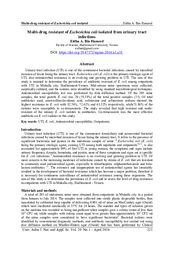 (PDF) Multi-drug resistant of Escherichia coli isolated from urinary ...