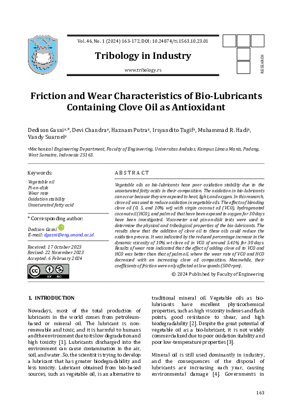 (PDF) Friction and Wear Characteristics of Bio-Lubricants Containing ...