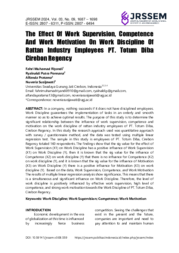 (PDF) The Effect Of Work Supervision, Competence And Work Motivation On ...