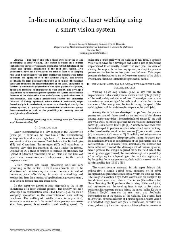 (PDF) In-Line Monitoring of Laser Welding Using a Smart Vision System