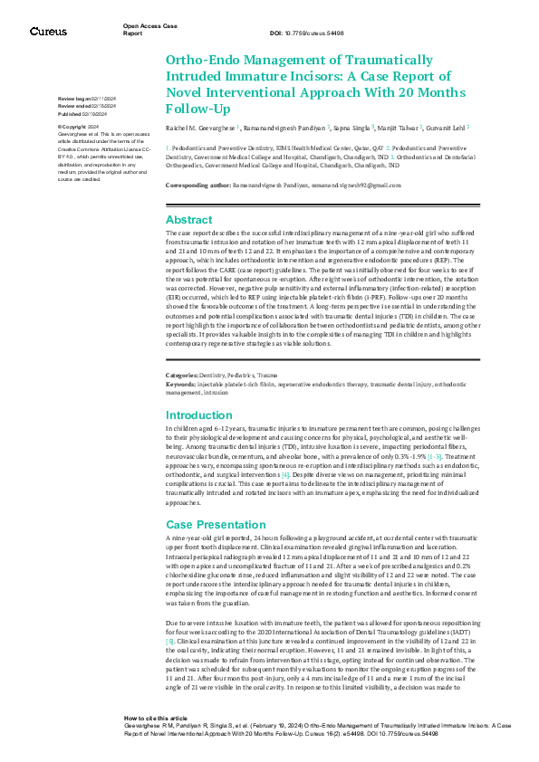 (PDF) Ortho-Endo Management of Traumatically Intruded Immature Incisors ...