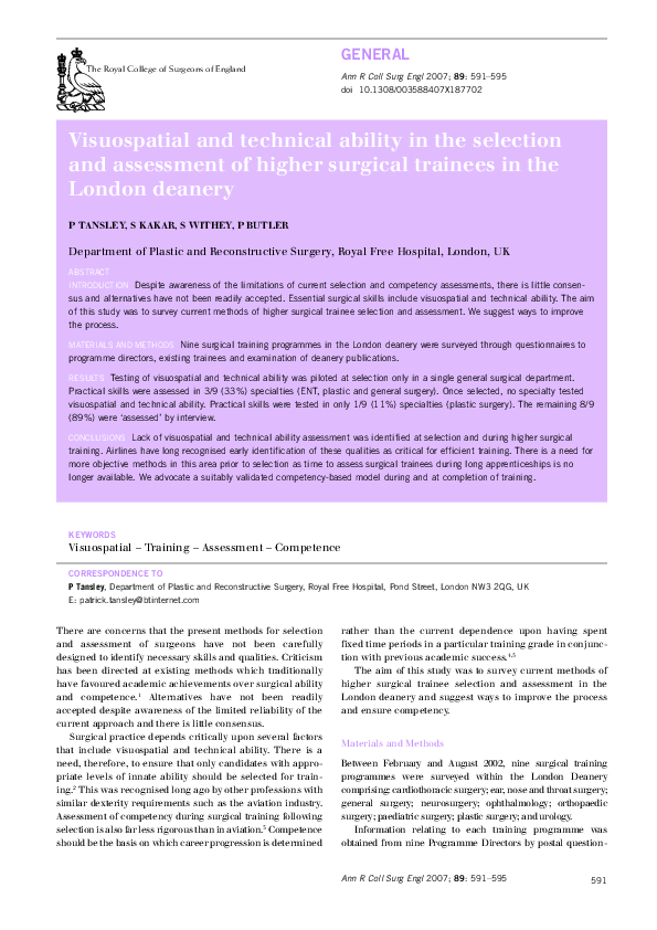 (PDF) Visuospatial and Technical Ability in the Selection and ...