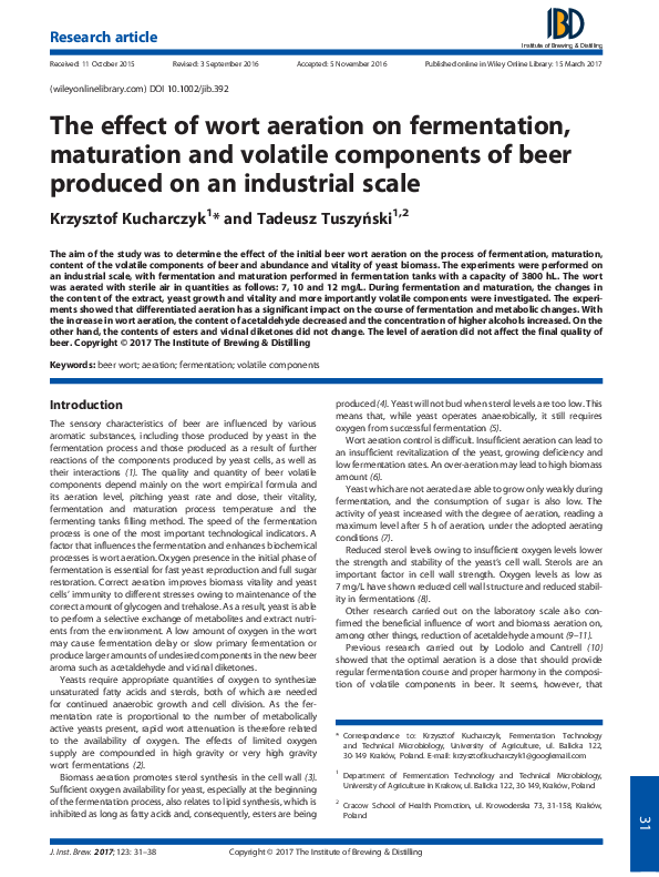 (PDF) The effect of wort aeration on fermentation, maturation and ...