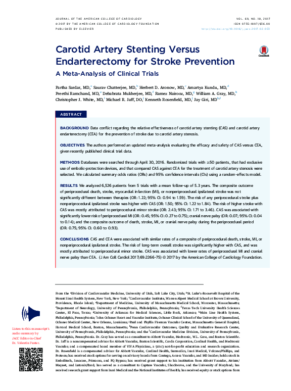 (PDF) Carotid Artery Stenting Versus Endarterectomy for Stroke Prevention