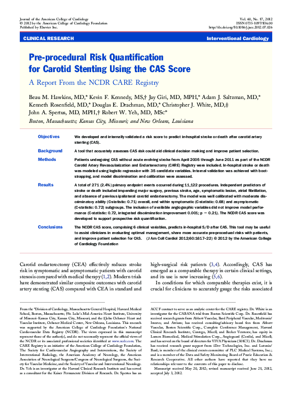 (PDF) Pre-procedural Risk Quantification for Carotid Stenting Using the ...