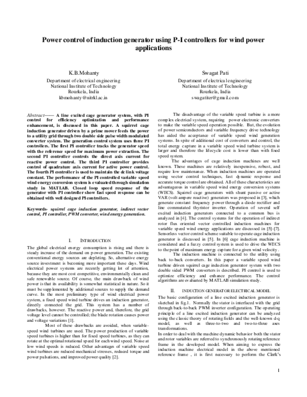 (PDF) Power control of induction generator using P-I controllers for ...