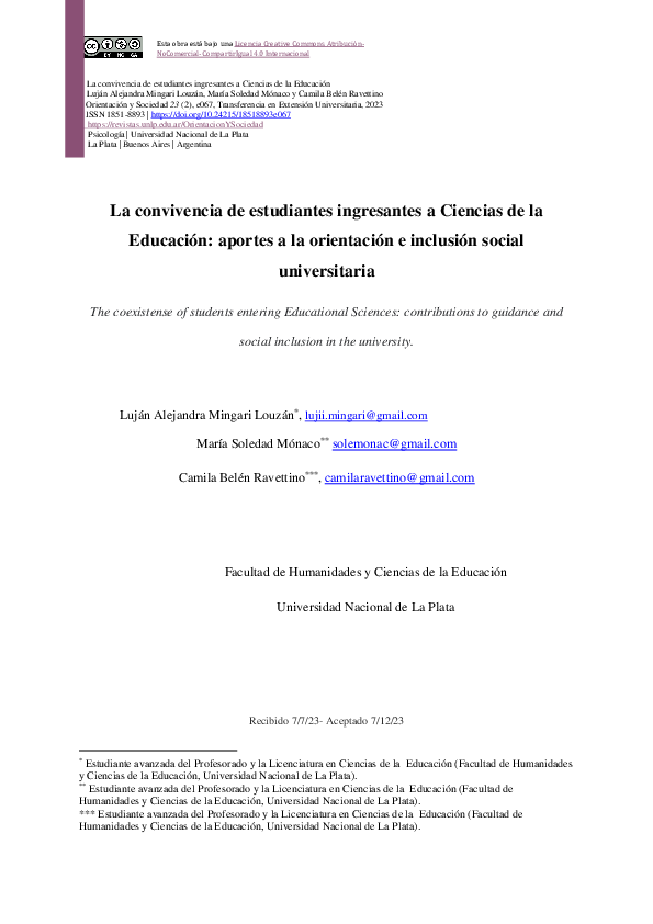 (PDF) La convivencia de estudiantes ingresantes a Ciencias de la ...