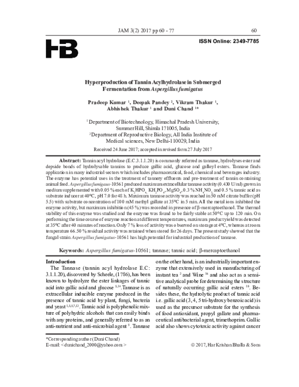 (PDF) Hyperproduction of Tannin Acylhydrolase in Submerged Fermentation ...
