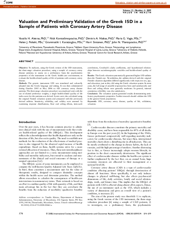 (PDF) Valuation and Preliminary Validation of the Greek 15D in a Sample ...