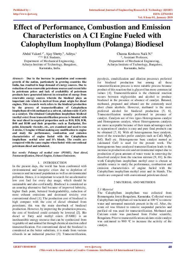 (PDF) Performance and Emission Analysis of Calophyllum Biodiesel in CI ...